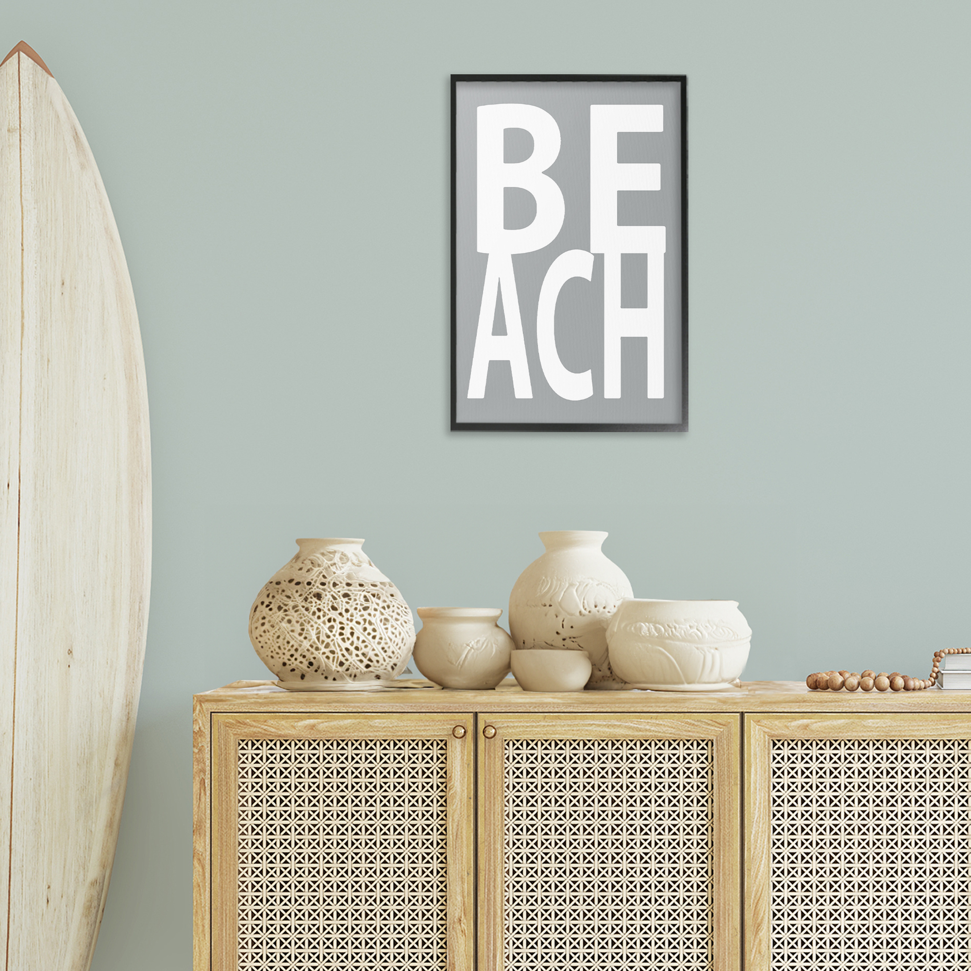 Stupell Industries Beach Word on Grey Typography Painting Black Framed Art Print Wall Art, 16 x 24