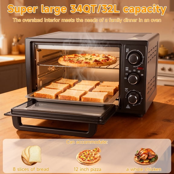 Happydeer 32L Countertop Toaster Oven, 1500W Convection Oven with Rotisserie Function, 32‑446°F Adjustable Temperature, 60‑Minute Timer with Alarm, 4 Heating Tubes, for Baking Roasting Cooking