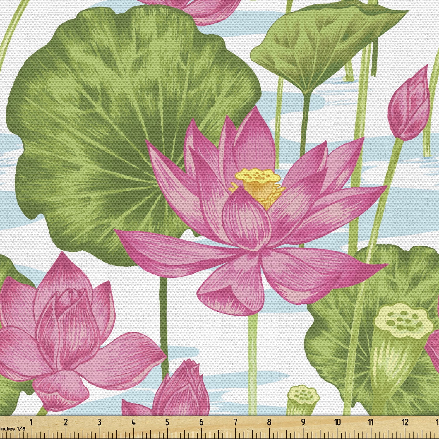 Lotus Fabric by the Yard Upholstery, Watercolor Style Nature Scene from
