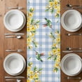 thumbnail image 4 of Table Runner 108 Inches Long for Kitchen Dining, Forsythia Flowers Dresser Scarf Farmhouse, Dining Table Decorations for Wedding/Parties, Spring Yellow Floral Hummingbird Blue Plaid 13 x 108 In, 4 of 8