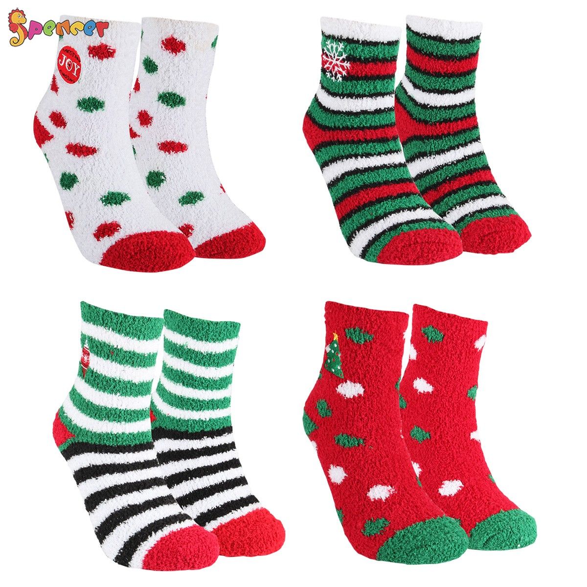 Spencer - Spencer 4 Pairs Christmas Fuzzy Crew Socks Cute Coral Fleece Warm Cozy Socks Holiday 