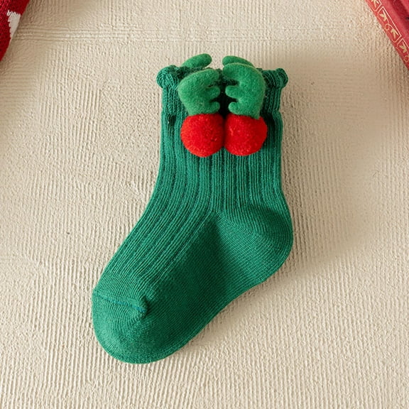 Avrnliq Christmas Kids Socks for Girls - Green Soft Cotton Socks with 3D Reindeer Antlers & Pom-Pom Cuff, Size 1-12Y (S/M/L/XL), 1 Pair Festive Holiday Socks,Size 9 T
