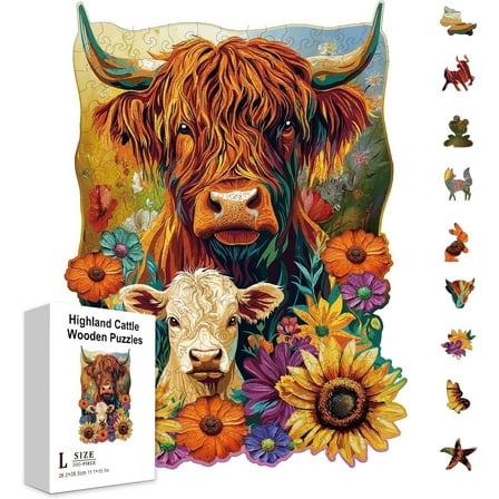 300Pcs Highland Cattle Wooden Jigsaw Puzzles for Adults Sunflower Jigsaw Puzzles Wood Adult Colorful Unique Animal Shaped Jigsaw Puzzles for Holidays Birthday