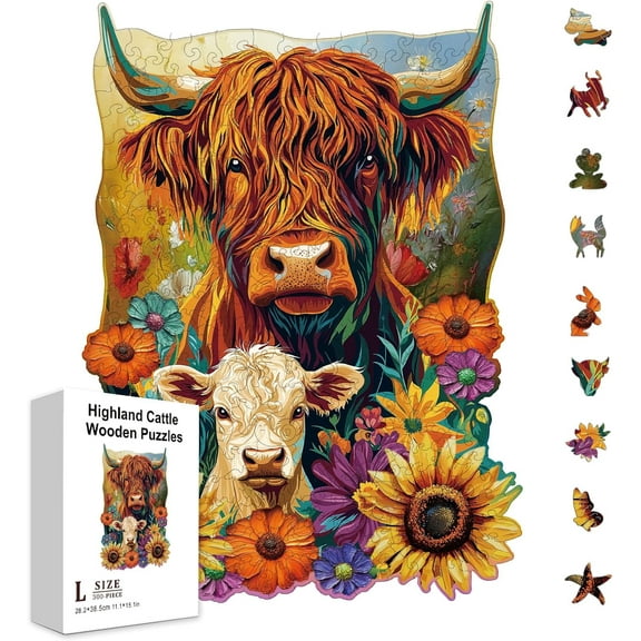 300Pcs Highland Cattle Wooden Jigsaw Puzzles for Adults Sunflower Jigsaw Puzzles Wood Adult Colorful Unique Animal Shaped Jigsaw Puzzles for Holidays Birthday