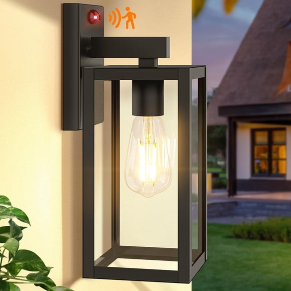 Lámpara de pared exterior BesLowe de 13" con sensor de movimiento y 3 modos, negra
