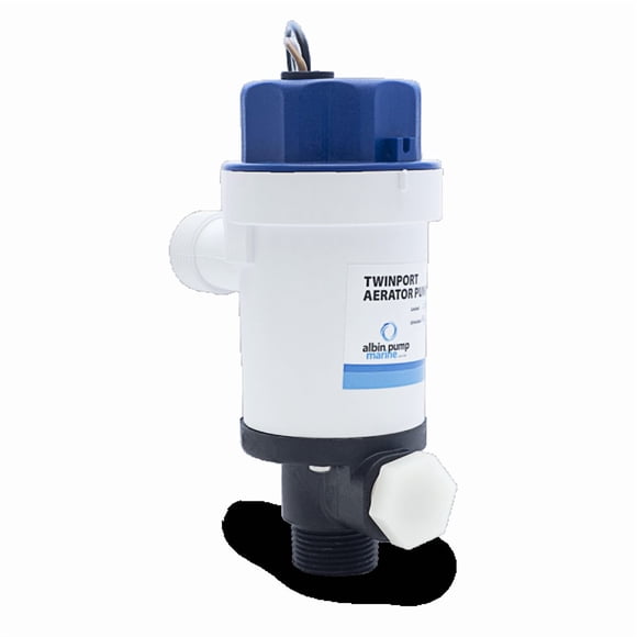 Albin Pompe Livewell /Baitwell 01-05-075 Livewell /Baitwell Pompe; Twinport; Aérateur; Port d'Entrée/sortie NPT 3/4 Pouce; 12 Volts DC; avec Ports Droits et Coudes Détachables; 2.7 Ampères; Taille de Fusible 5 Ampères