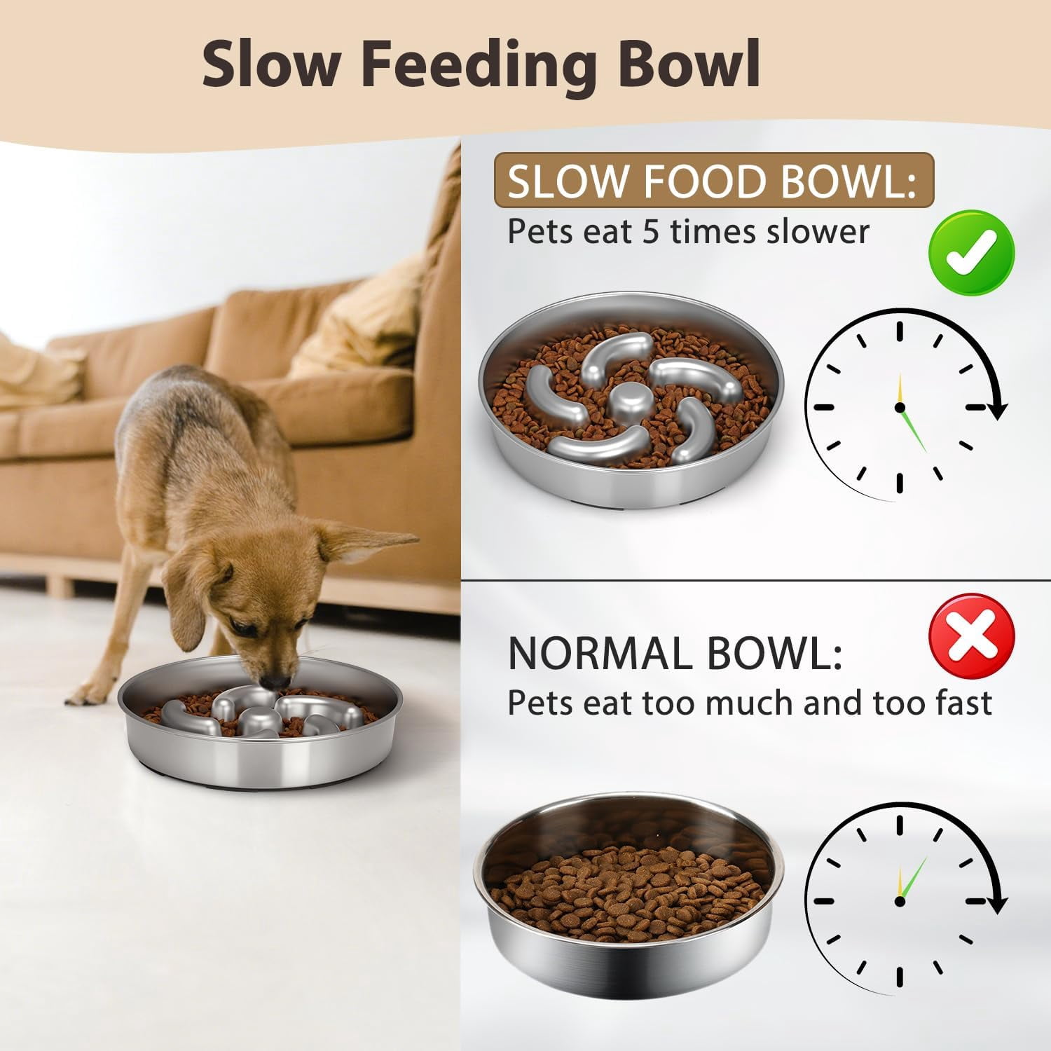 Slow Feeder Dog Bowl, 2 Cups Stainless Steel Heavy Duty with Non-Slip Base 8.7 inch Puzzle Maze Dog Food Bowls for Medium, Large Breed Size Dogs to Slow Down Eating