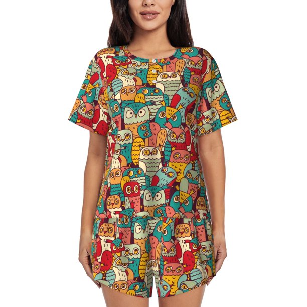 Fotbe Funny Owl Bird Conjunto de Pijama Estampado para Mujer, 2 Piezas, Ropa de Dormir con Camiseta de Manga Corta y Shorts Suaves-Large