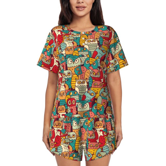 Fotbe Funny Owl Bird Conjunto de Pijama Estampado para Mujer, 2 Piezas, Ropa de Dormir con Camiseta de Manga Corta y Shorts Suaves-4X-Large