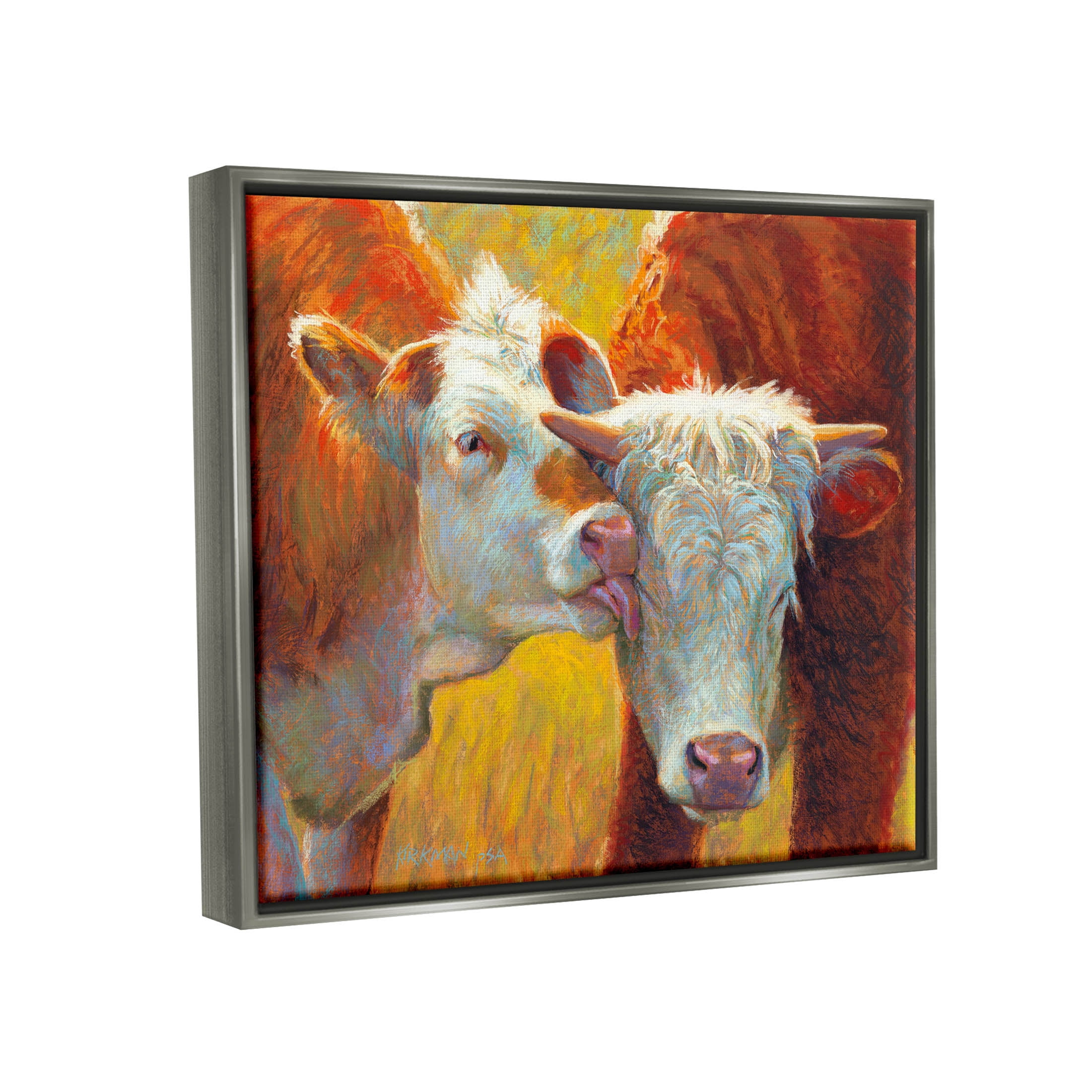 Cow Licking Farm Animals Animals & Insects Painting Luster Gray Framed Art Print Wall Art