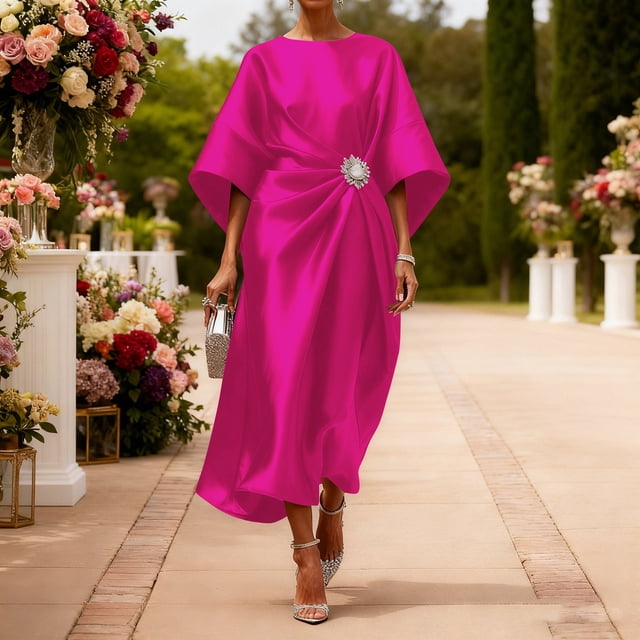 Mceream Robe Maxi en Satin à Manches Chauve-Souris pour Femmes Col Rond Taille Froncée Mariage Cocktail Soirée Formelle Grande Taille Rose Vif P