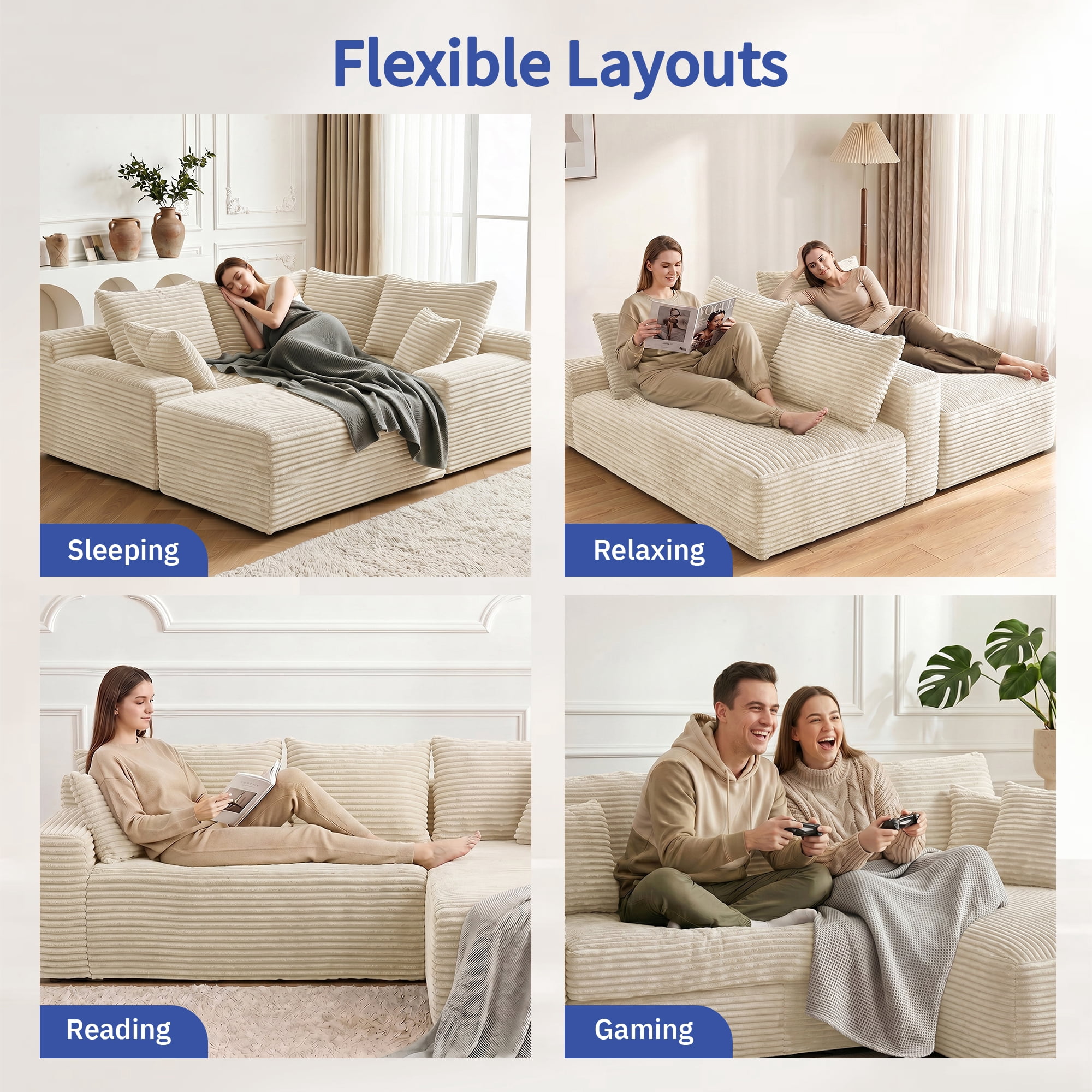 Leumius 95" Boneless Modular Sectional Sofa with Chaise,L-Shaped Comfy Corduroy Couch with Deep Seat,Upholstered Sectional Couch for Living Room, No Assembly,Beige