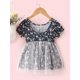 thumbnail image 3 of Txlixc Vestido de Manga Corta para niña pequeña, Vestido de decoración con Lazo de Patchwork de Malla con Estampado Floral, Ropa Casual Simple de una Pieza Txlixc Moda, 3 of 7