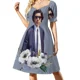 thumbnail image 2 of Vestido de manga corta con estampado floral azul de Adam Driver, elegante y casual., 2 of 7