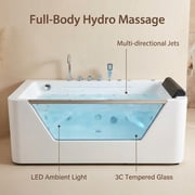 67 Luxury Whirlpool Bathtub with Panoramic Glass Window | 7 Hydro-Massage Jets, Waterfall Faucet & LED Chromatherapy | 1HP 750W Motor, Acrylic Spa Jetted Tub (110V) –Middle Drain
