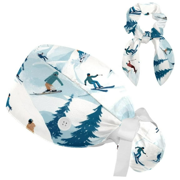 RATGDN Skiing Crowd Tie Scrub Cap for Women Men, Nursing Hats with Buttons and Sweatband, Adjustable Elastic Working Caps Surgical Cap with Hair Bow - One Size Fits All