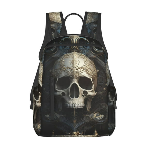 Balery Gold Pattern Skull Mochila Ligera para Hombres y Mujeres – Resistente y Impermeable, Ideal para la Escuela, el Trabajo, los Viajes y el Uso Diario