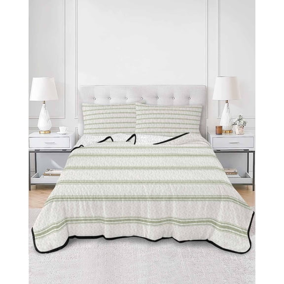 Quilts Full Size, Sage Green Striped Soft Comforter Bedding Set for Bed, Rustic Green Stripe Modern Art Beige Lightweight Quilted Bedspread with Pillow Cover(2 Pieces) for All Season, 78x90 Inch