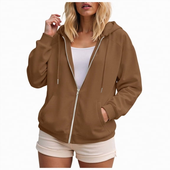 enyan Womens Hoodie Zip Up Hoodies for Women Long Sleeve Oversized Sweatshirts Casual Lightweight Fleece Jackets With Pockets Brown,L