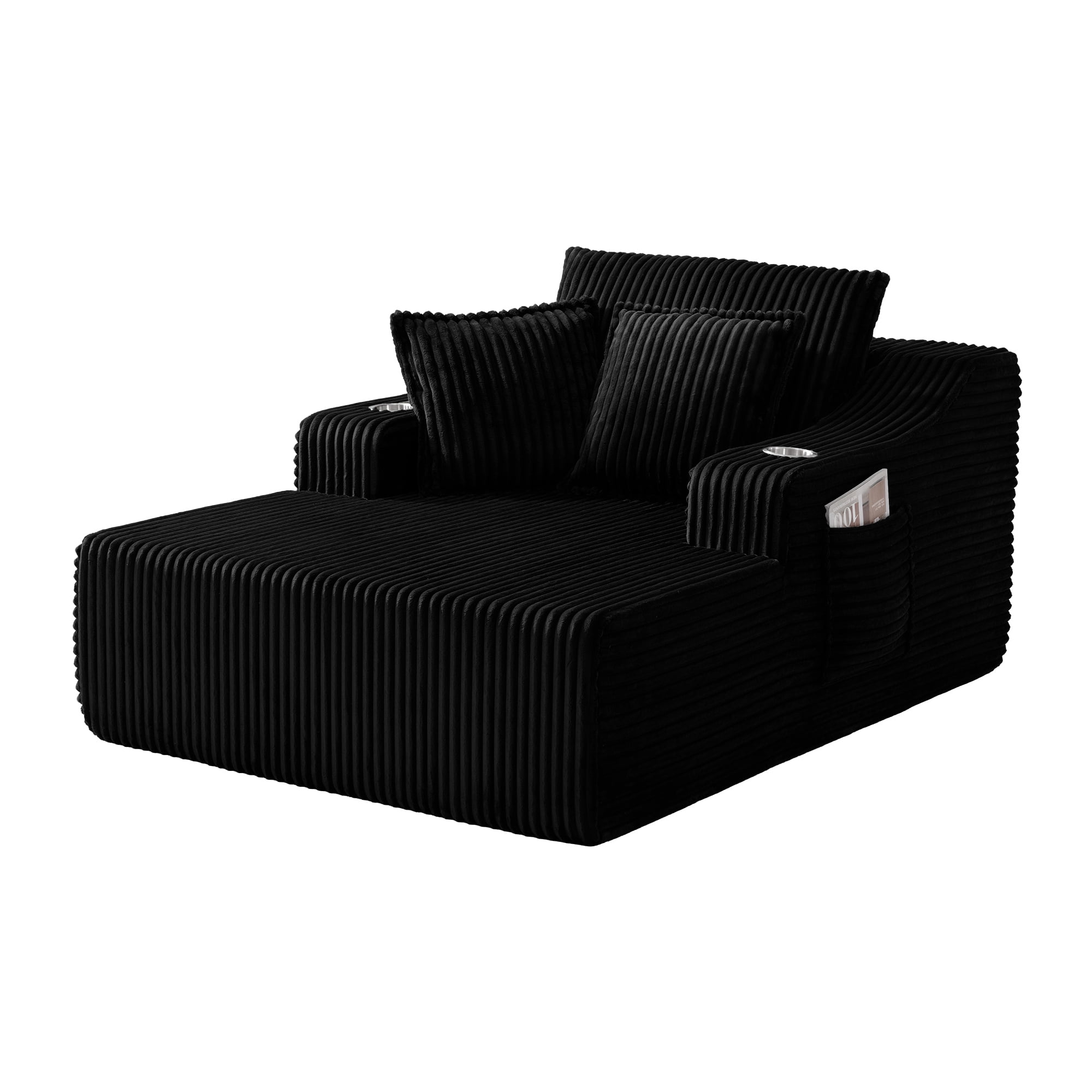 Leumius Oversized Chaise Lounge Chair Indoor,67'' Faux Fur Upholstered Boneless Sofa Bed,Deep Seat Sleeper Cloud Sofa with Cup Holders & 3 Pillows for Living Room, No Assembly Required,Black