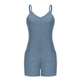thumbnail image 6 of QATAINLAV Ribbed Knitted Summer Rompers for Women Casual Sleeveless Spaghetti Strap Short Jumpsuits Beach Onesie Shorts with Pockets Blue L, 6 of 10