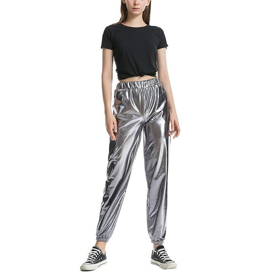 Womens Glitter Metallic Jogger Pants Holographic Sweatpants Beam Foot Harem Hip Hop Dance Trousers Club Streetwear
