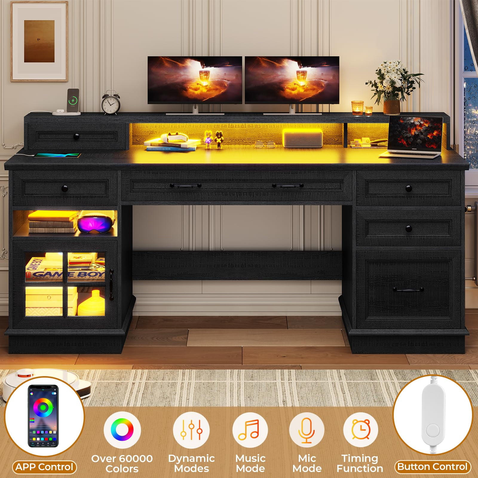 Plonmago Computer Desk with Charging Station & LED Lights, Black Executive Desk with File Drawer, Home Office Desk with Drawers & Storage Cabinet, Executive Office Desk with Monitor Stand