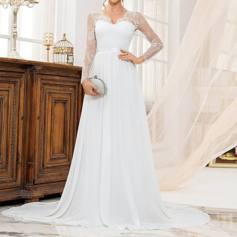 Horkkom Women Wedding Dress Bride Lace Appliques Chiffon Maxi Dresses A  Line Evening Gowns Dress Long Sleeves Beach Bride Dress - Walmart.com