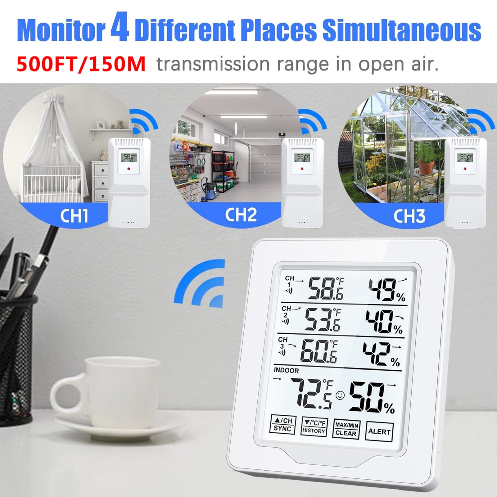 Indoor Outdoor Thermometer and Humidity Monitor 500ft/150m Range with 3 Remote Sensors and White Backlight Hygrometer Thermometer