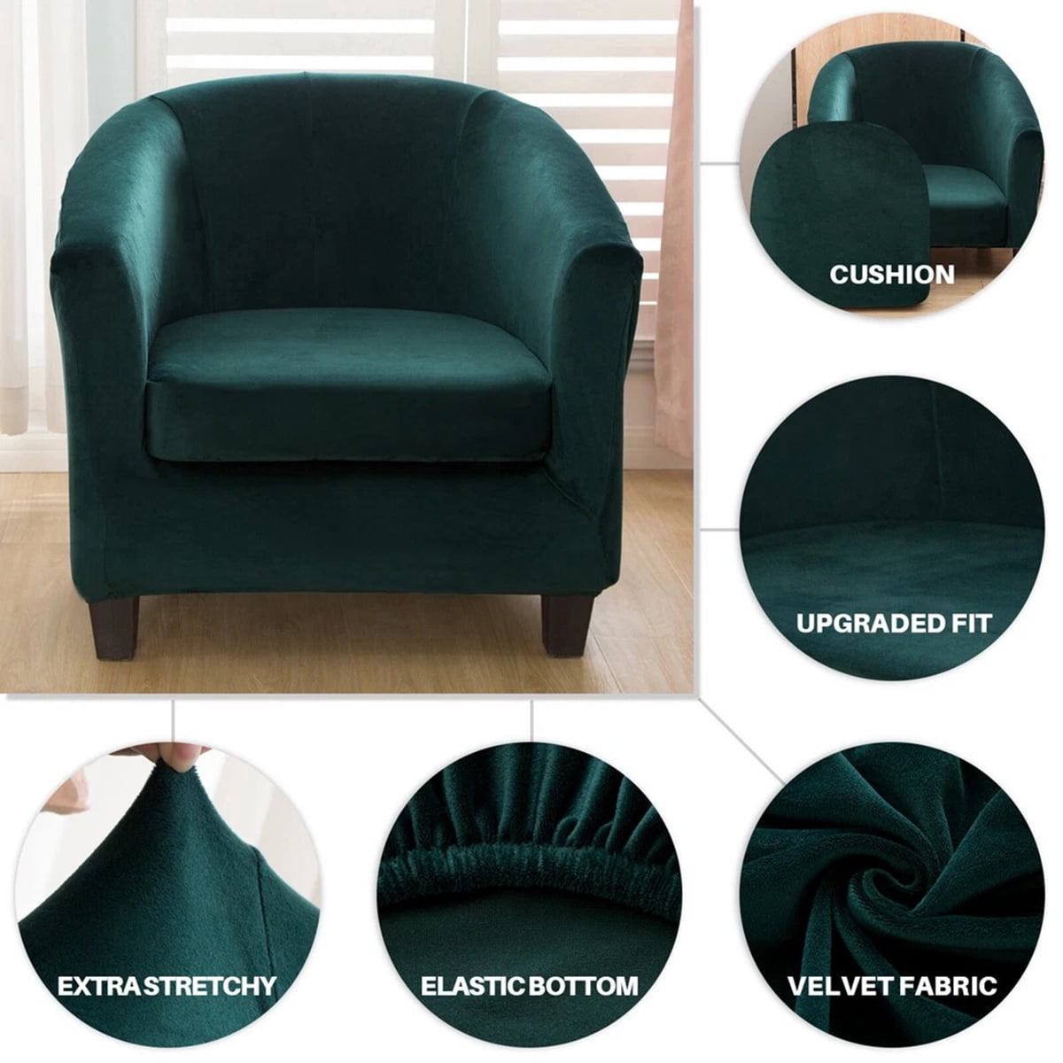 Eurhowing Stretchable Tub Chair Slipcover, 2-Piece Velvet Soft Armchair Cover with Cushion Cover, Elastic Fit Club Chair Sofa Couch Slipcover, 1-Pack, Dark Green