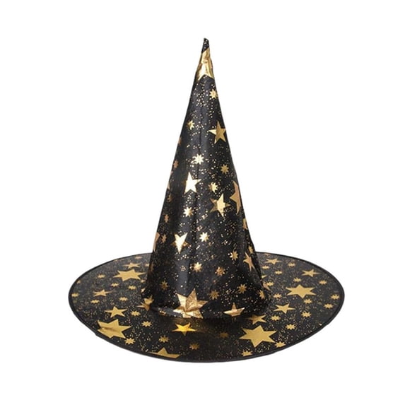 Witch Hat, Black with Gold Star Glitter Print, 1 Pack for Adults Kids, Halloween Cosplay Costume Accessory for Themed Party Favors Dress Up Decoration