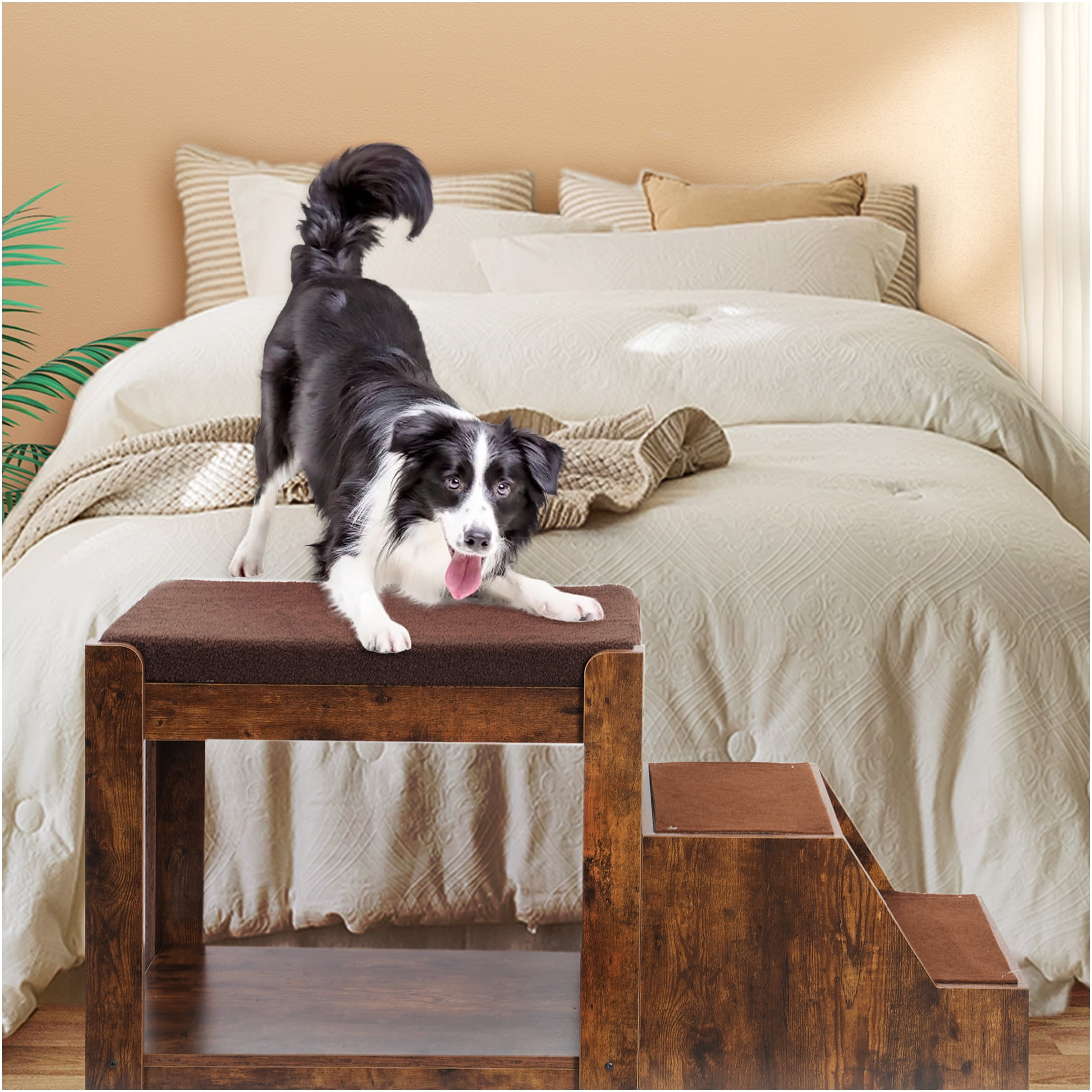 JERFIT Pet Bunk Bed with Washable Cushion & Cat Scratcher, Indoor Window Perch with Stairs for Small to Medium Dogs and Cats, Vintage Wood Grain Design