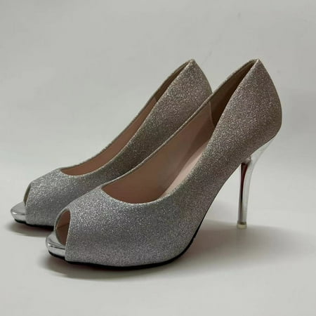

Peep Toe Glitter High Heels Solid Color Slip On Party Stiletto Heels Wedding Dress Pumps