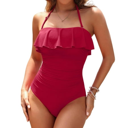 Kitem Women Strapless Ruffle One Piece Swimsuit Tummy Control Bandeau Swimwear Removable Strap Slimming Bathing Suit (Wine Red XL)