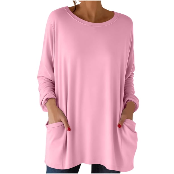 Tops de Manga Larga de las Mujeres Casual Color Sólido Cuello Redondo Suelto Encaje Superior con Bolsillo, Tops de Manga Larga de las Mujeres