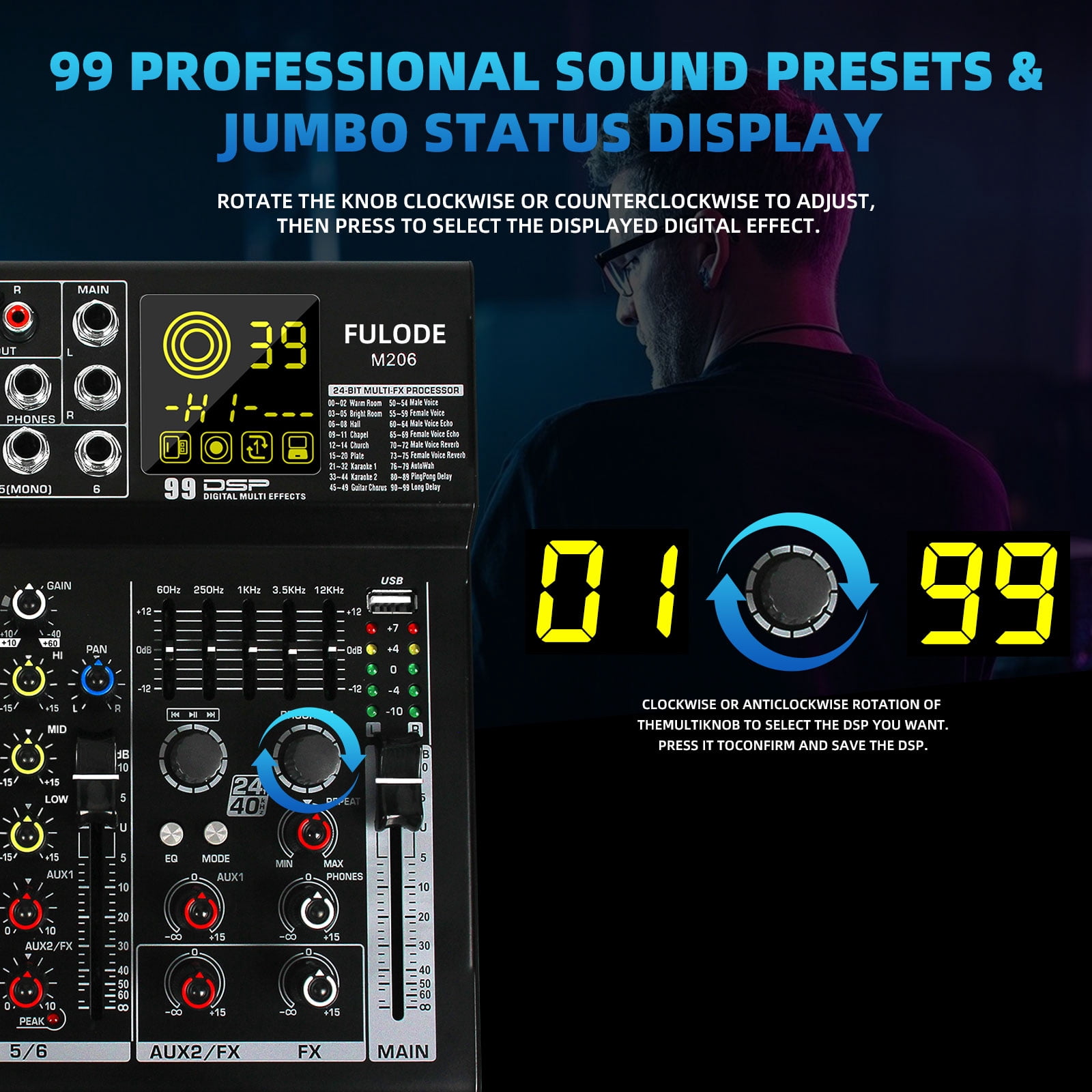 6 Channel Mixer Audio, Professional Music Sound PA Mixer DJ Mixing Board Console with 99 DSP Effects, 5-band EQ, Bluetooth, USB Interface, 48V Phantom Power for Recording Stage Karaoke