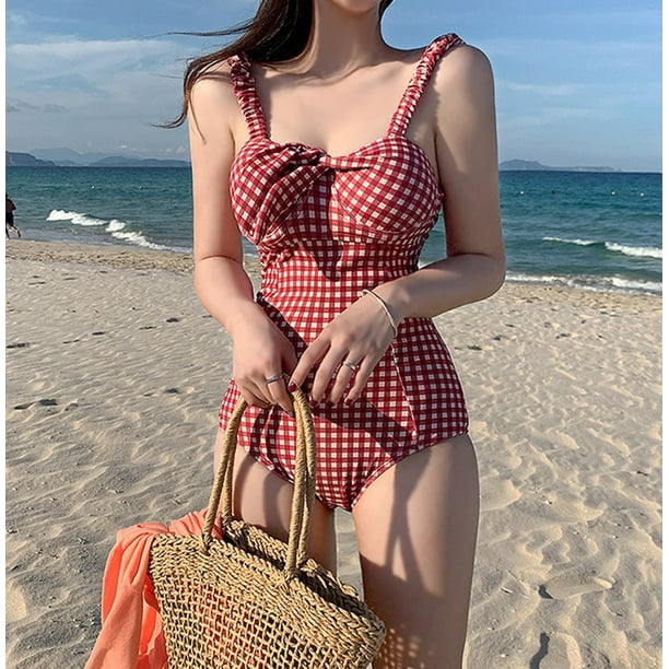 Women s Fashion Sexy Bow Plaid Printed One Piece One Piece