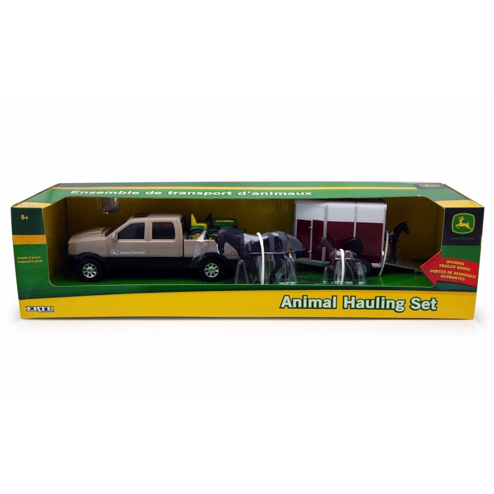 John Deere Animal Hauling Set w/ Pickup Truck and Horses, Tan w/ White