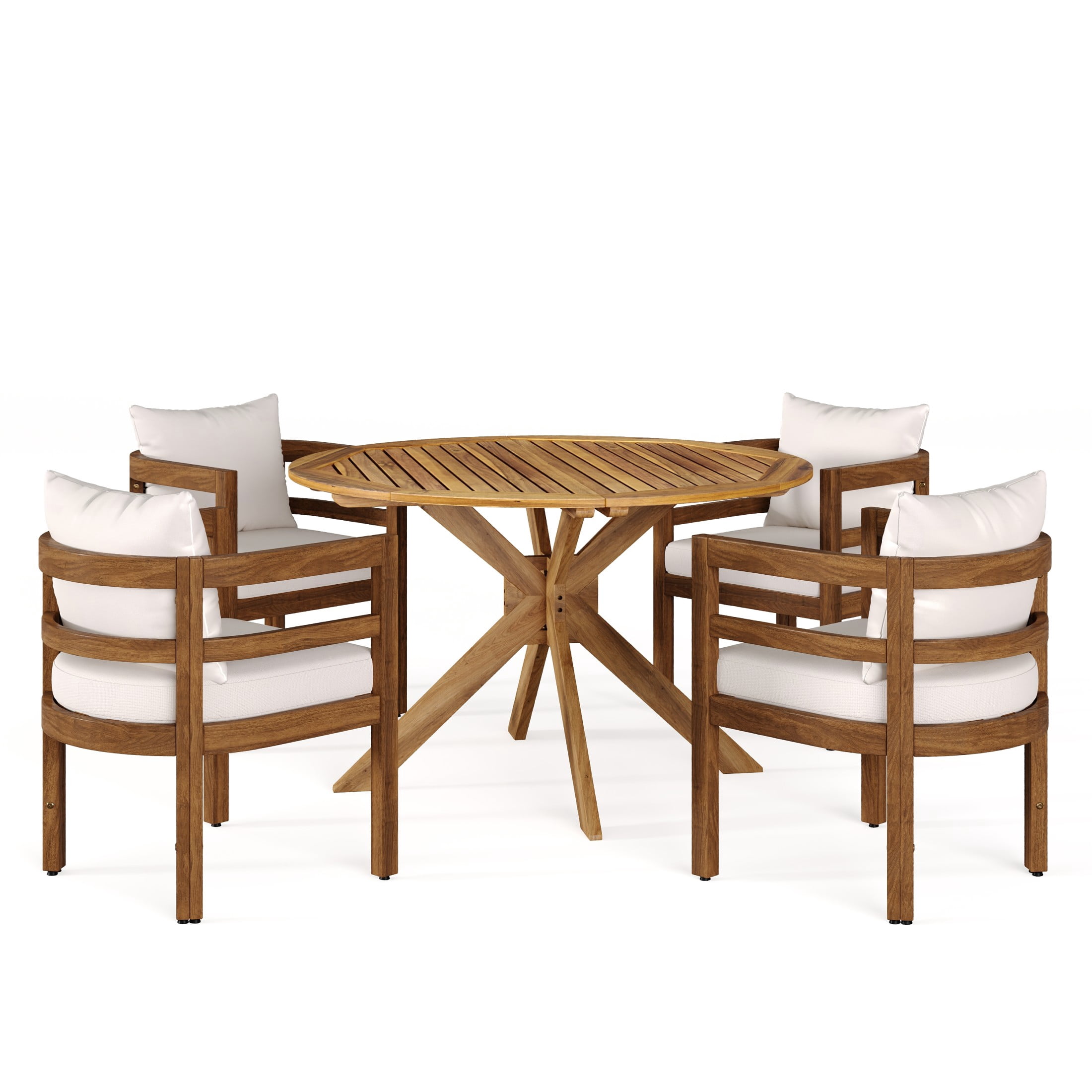 Christopher Knight Home 5-Piece Outdoor Wood Dining Set, Round Table with Beige Cushioned Chairs, Brown