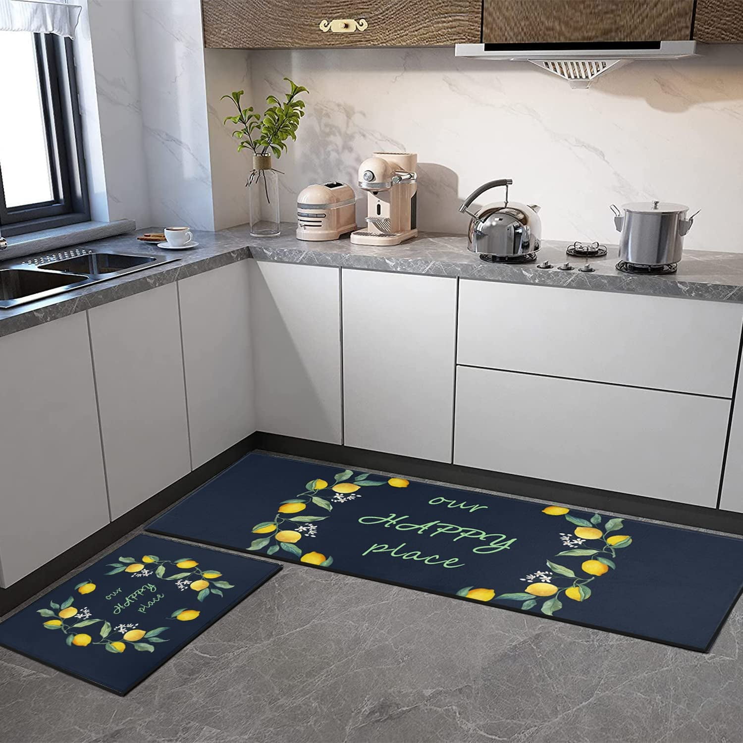 Xsinufn Lemon Kitchen Rugs Set 2 Piece Colorful Spring/Summer Lemon Floral Leaves Decorative Rugs for Kitchen Low-Profile Floor Mats Decorations for Home Kitchen (17"x48"+17"x24" Navy Blue Rugs)