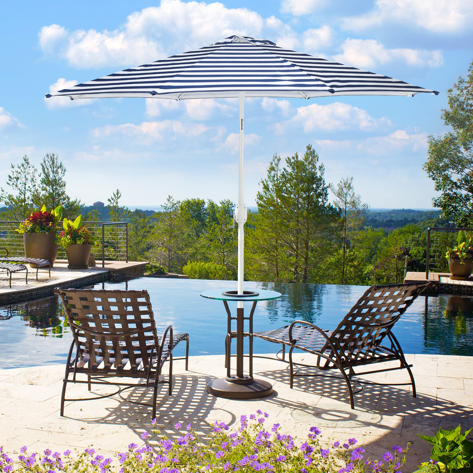 Aoodor 9FT Outdoor Patio Umbrella, Market Table Umbrella with 8 Steel Ribs and Push Button Tilt Crank, Dark Blue and White