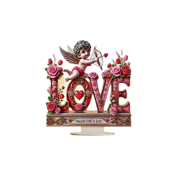 nvzhuang Acrylic Cupid Desktop Ornament with Rose Letter Valentine's Day Romantic Decoration for Table Bookshelf Home Party