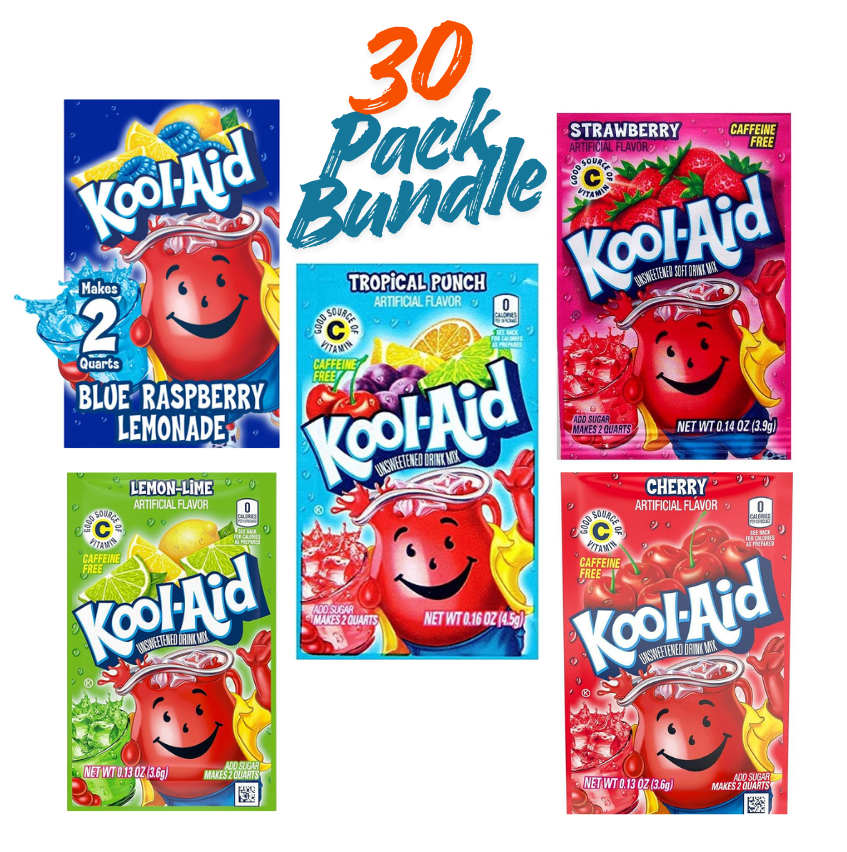 Kool-Aid Unsweetened Drink Mix Variety Pack, Assorted Fruity Flavors (Tropical Punch, Cherry, Blue Raspberry Lemonade, Strawberry & Lemon-Lime) Party & Family Drink - 30-Pack Bundle