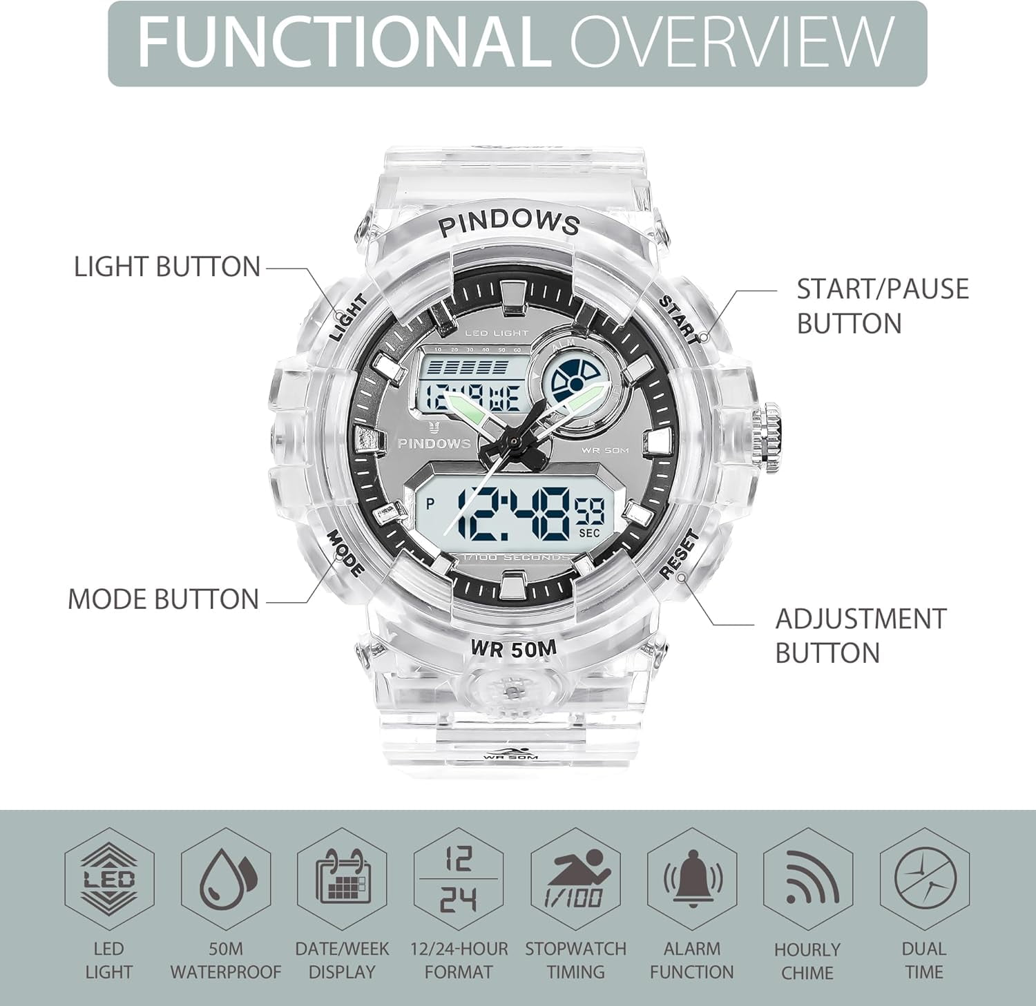 Womens Watch for Women Digital Sports Watch,7 Color LED Light Large Analog Digital Display Waterproof Watch with Alarm Stopwatch Hourly Chime Multi-Function Wrist Watches