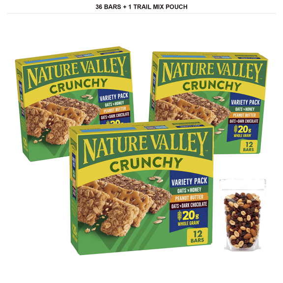 Nature Valley Crunchy Granola Bar Variety Pack, 36 Bars Total, 8.94 oz with 1 Bybies Trail Mix Pouch, 2 oz