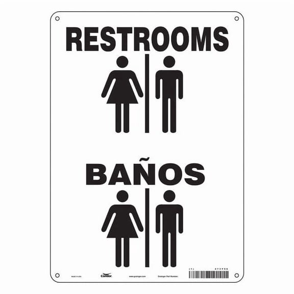 RESTROOMS/BANOS, 10 in W x 14 in H, Vertical Rectangle, Vinyl, 473Y96