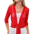 thumbnail image 2 of Women Crop Cardigan Sheer Mesh Shrug for Dress Bolero Tie Front 3/4 Sleeve Tops Red L, 2 of 6