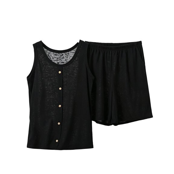 Bovxnpu Womens Pajama Set Crew Neck Sleeveless Button Tank Pocket Sleepwear
