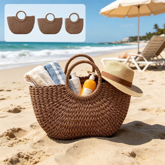 Handmade Straw Rattan Woven Semicircle Tote Bag, Summer Beach Handbag for Women, Portable Half-Moon Shape Shoulder Bag for Travel Vacation Daily Shopping, C