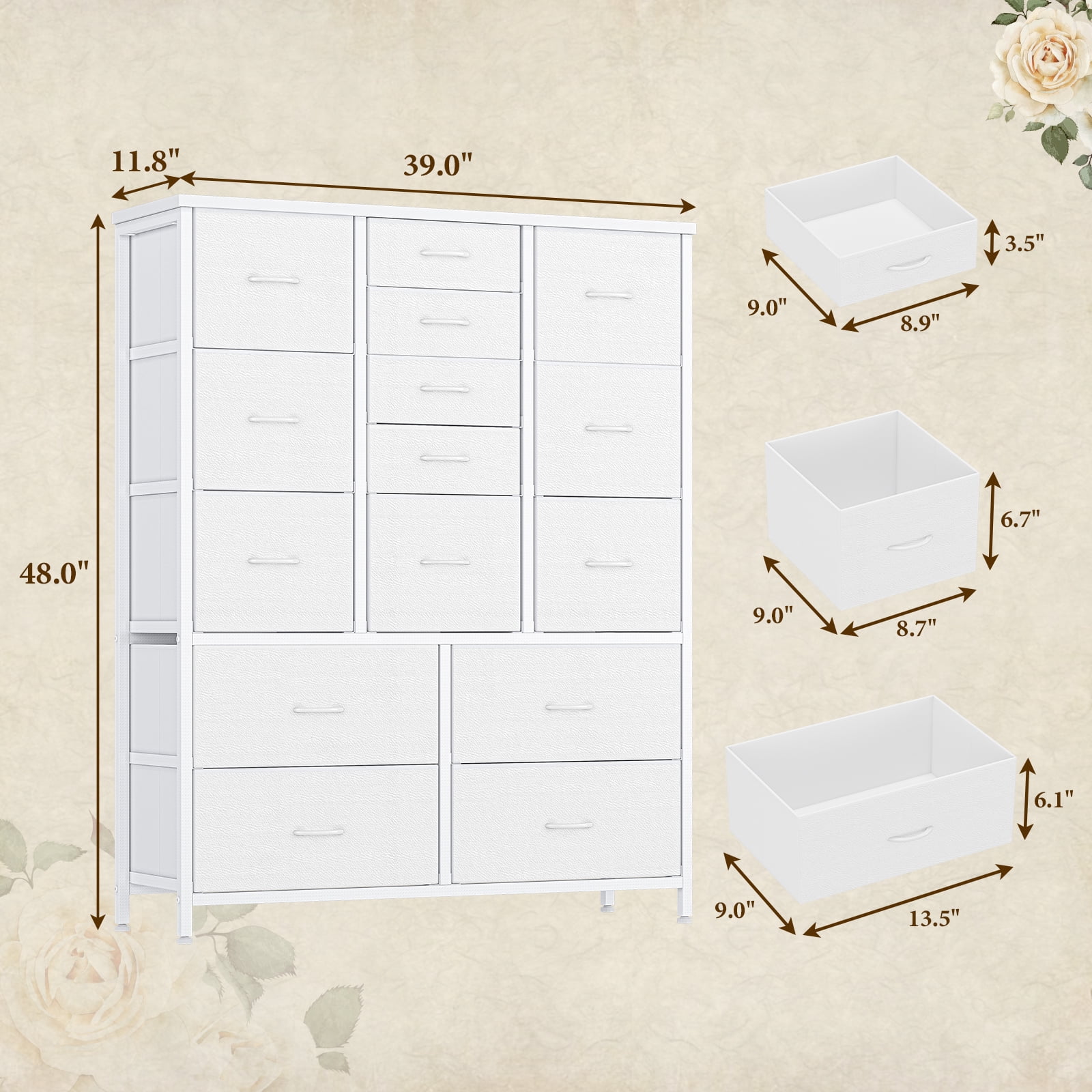 Towallmark 48" H Tall Dresser with 15 Drawers Dressers for Bedroom Fabric Storage Dresser & Chest of Drawers(White)